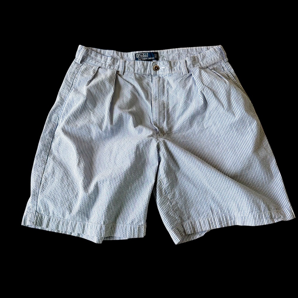 90's Polo Ralph Lauren Tyler Short 33W Blue Seersucker Striped Pleated Cotton